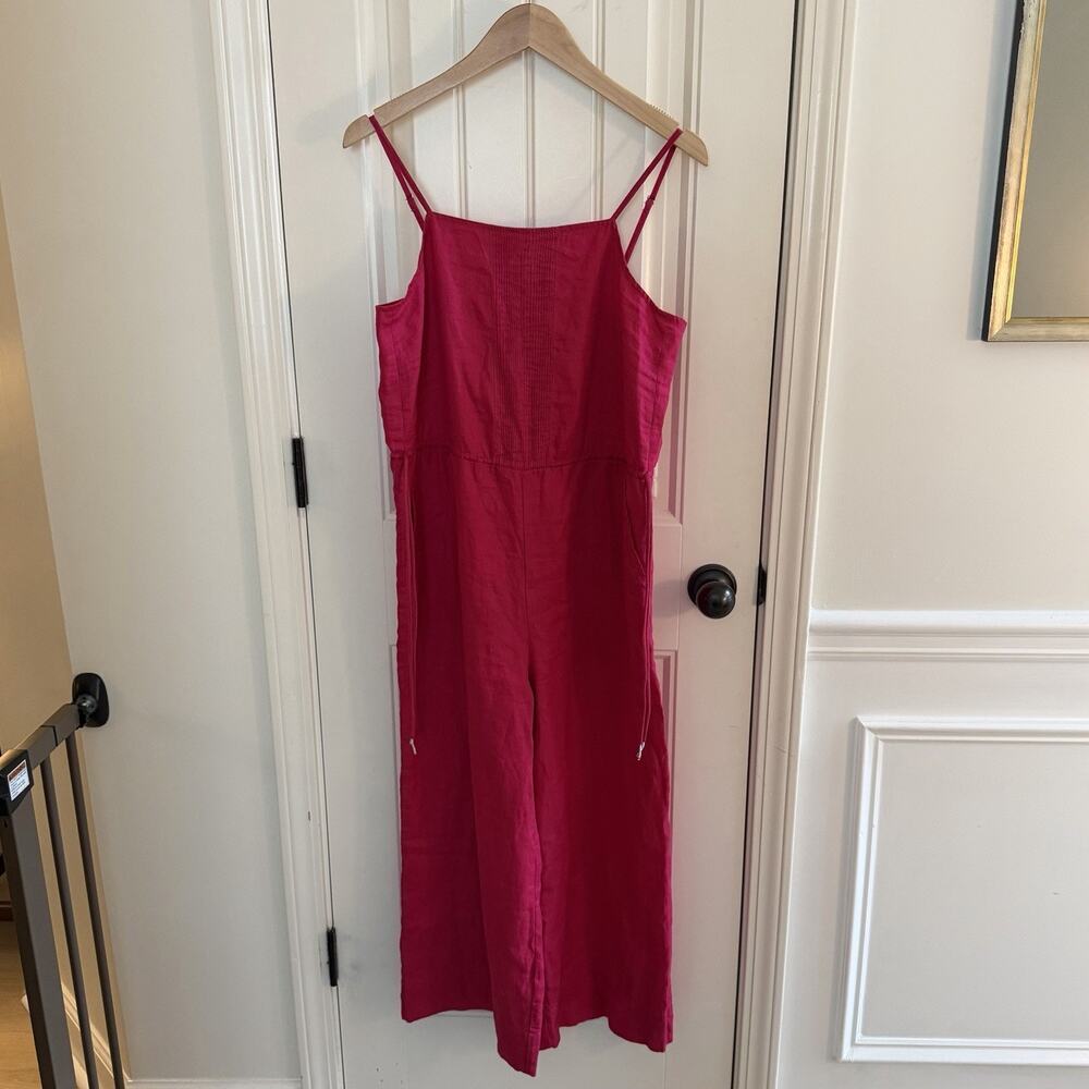 NWT Magaschoni Women's 100% Linen Hot Pink Jumpsuit Size Small Pockets Tie Waist